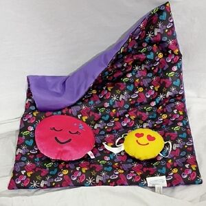 EUC BABW Build A Bear Emoji/Purple Reversible Blanket, Pillow, Sleep Mask Set
